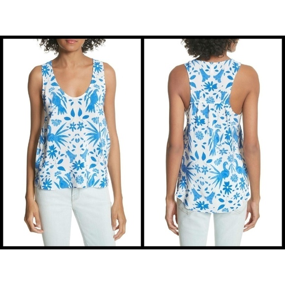 💕JOIE💕 100% Silk Floral Bird Print Tank Top Blue Small S NWT - Picture 1 of 8